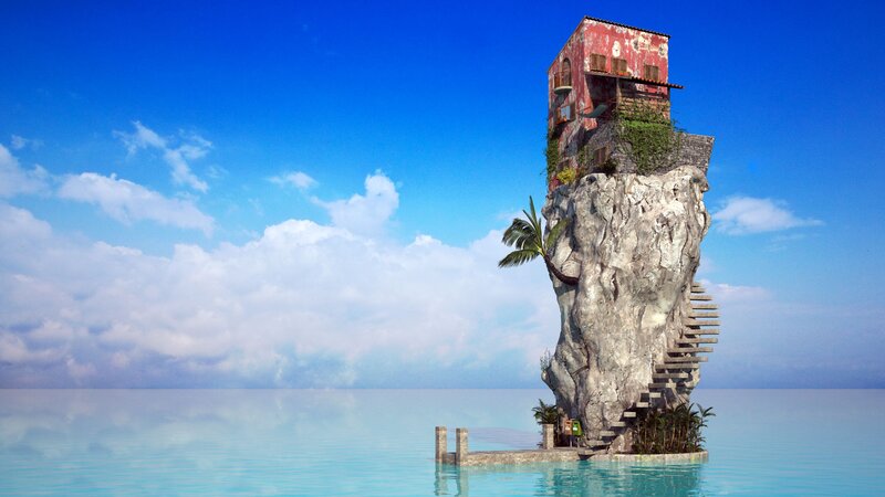 Red Building on Rock — Blue