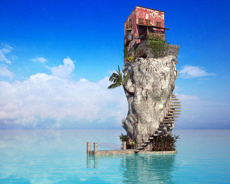 Red Building on Rock