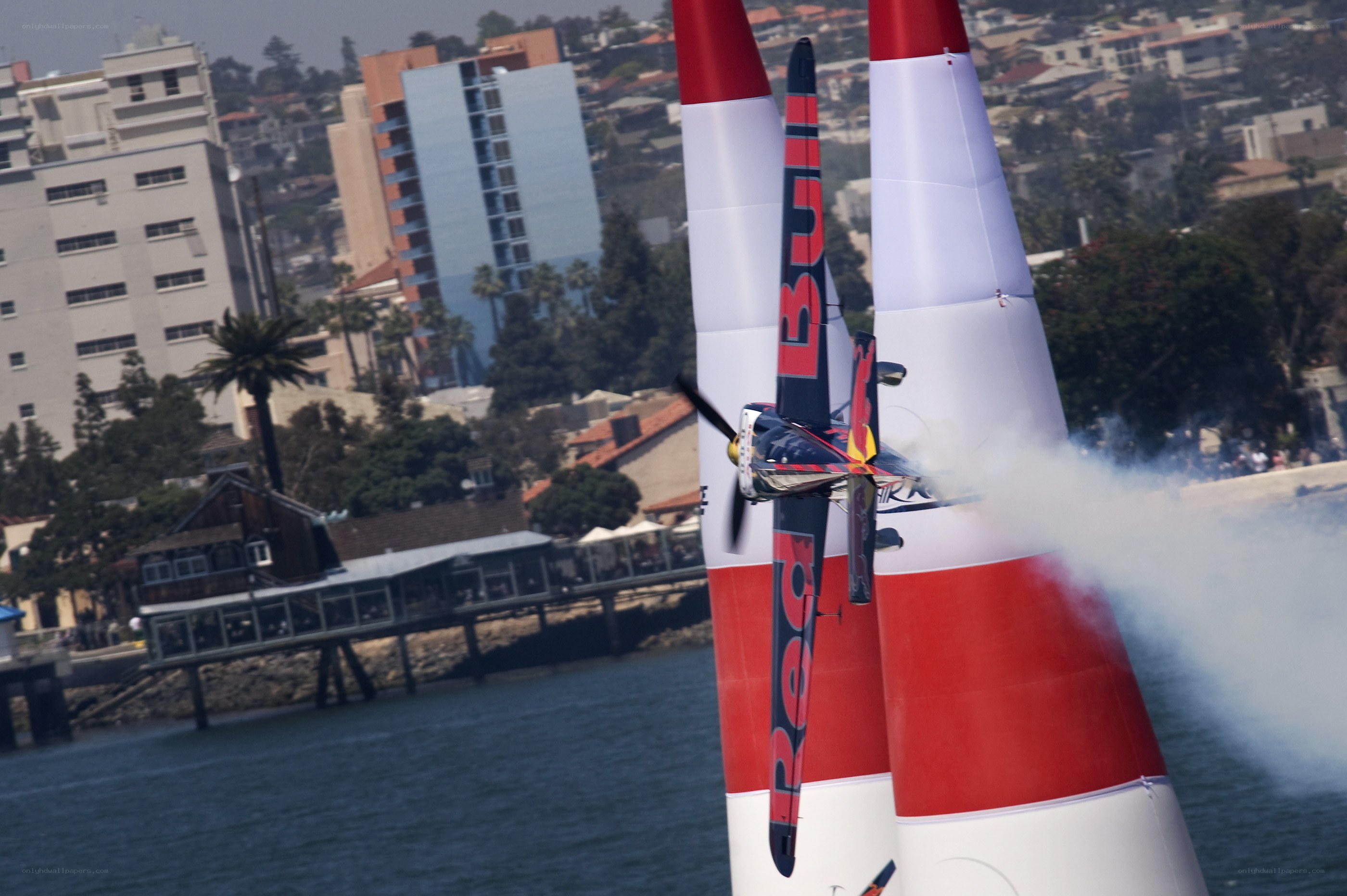 Red Bull aerobatic plane flying