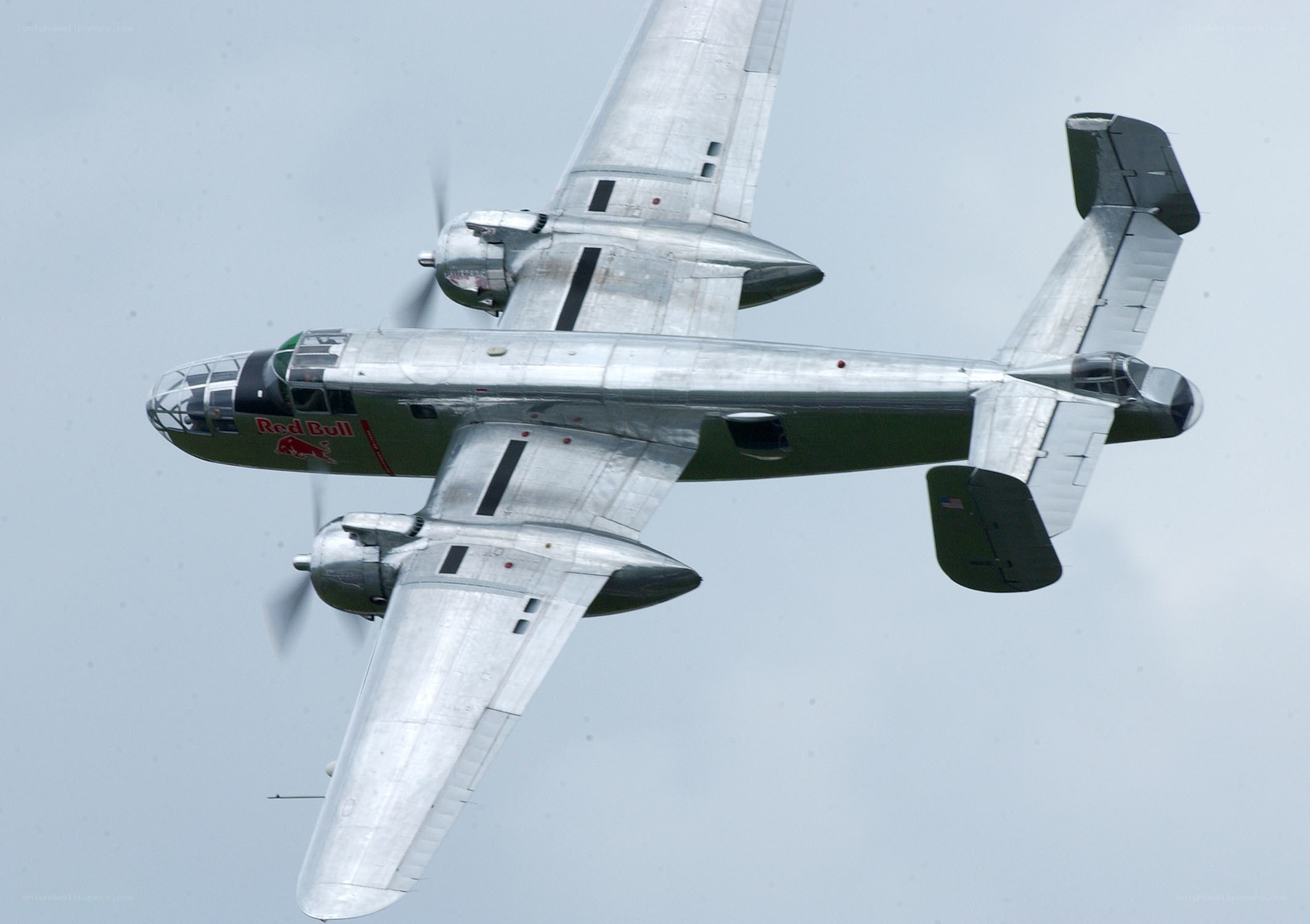 Red Bull B-25 bomber in flight