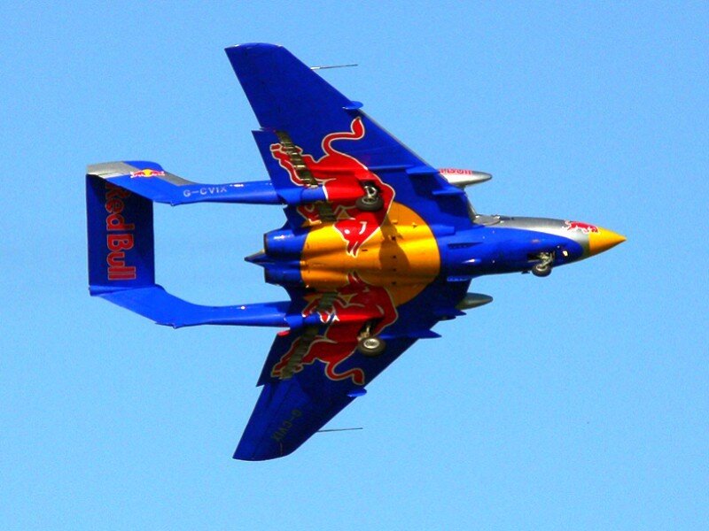 Red Bull jet plane in flight