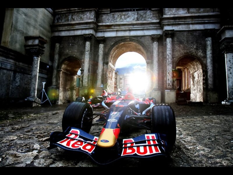 Red Bull race car in ancient archway