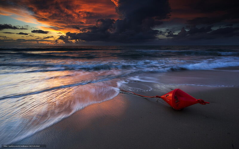 Red buoy on beach at sunset