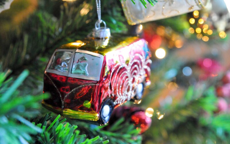 red bus ornament on tree