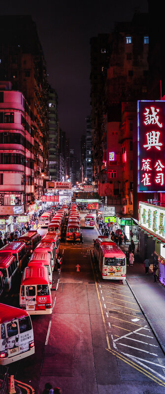 Red Buses in City Street