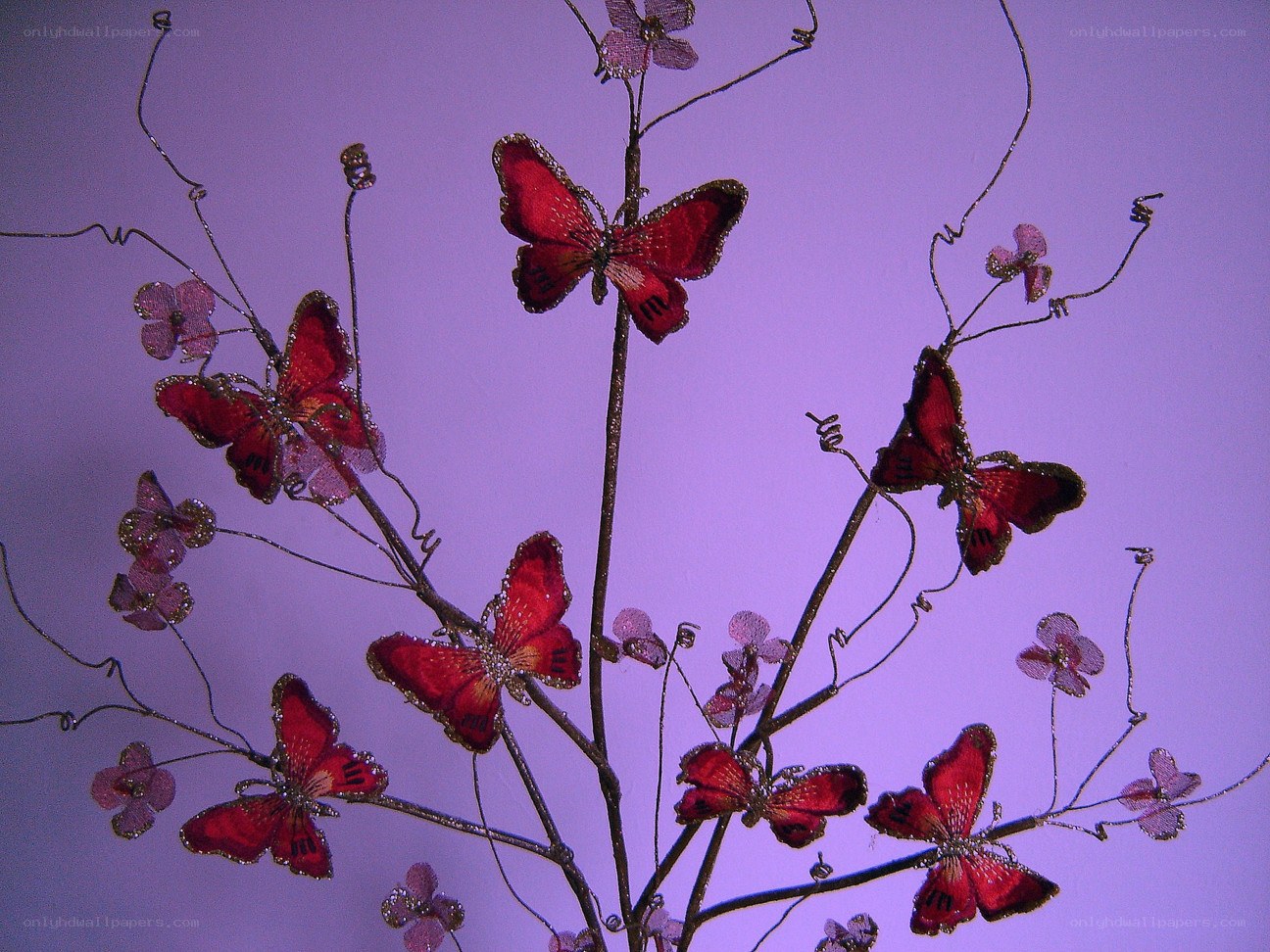 Red butterflies on wire branches