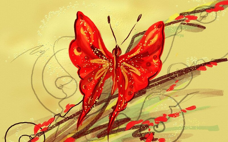 Red Butterfly on Branch — Serene