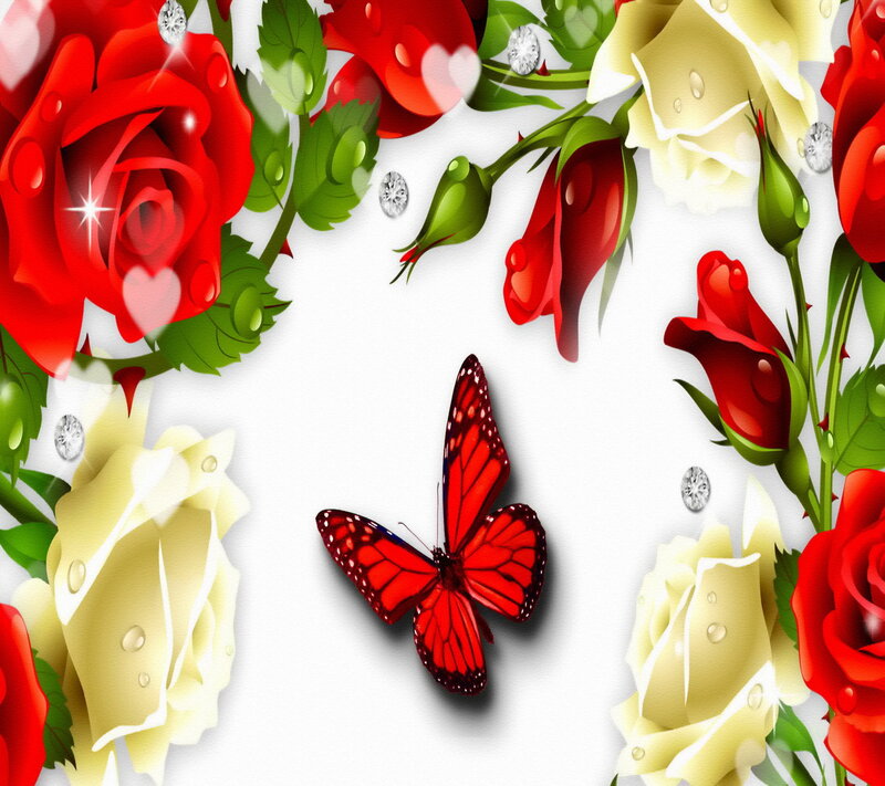 Red Butterfly with Roses — Romantic, Digital Art, Diamonds