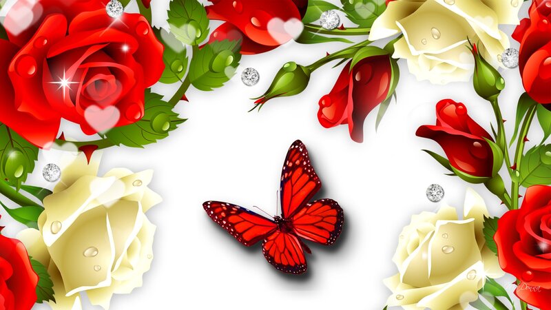 Red Butterfly with Roses