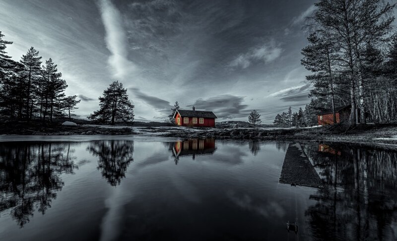 Red Cabin by Lake — Black