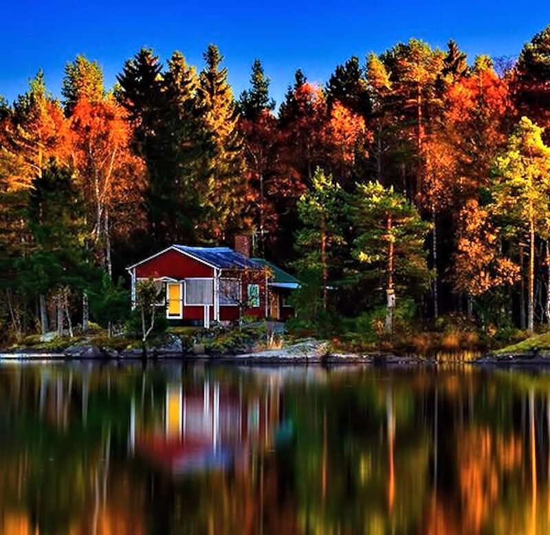 Red Cabin by Lake — Blue, Serene, Autumn