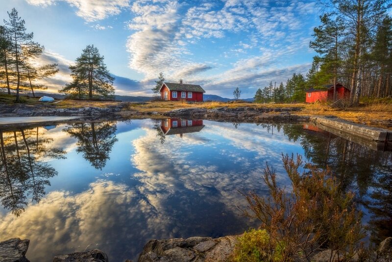 Red Cabin by Lake — Blue, Serene, Sunset, Photograph