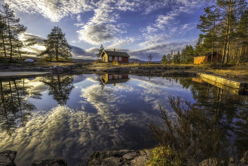 Red Cabin by Lake — Blue, Serene