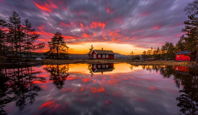 Red Cabin by Lake — Dramatic