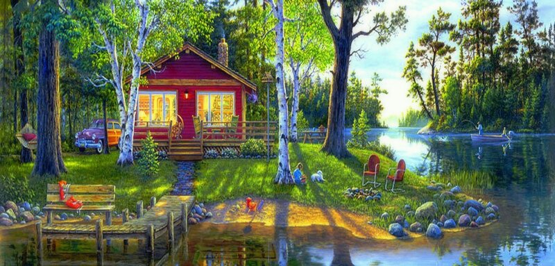 Red Cabin by Lake — Green, Serene, Afternoon, Painting