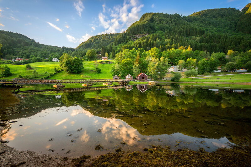 Red Cabin by Lake — Green, Serene, Afternoon