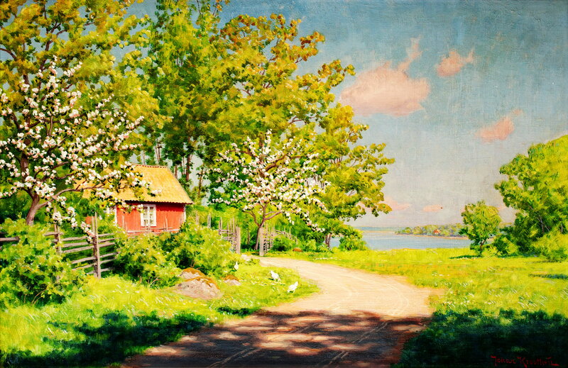 Red Cabin by Lake — Green, Serene