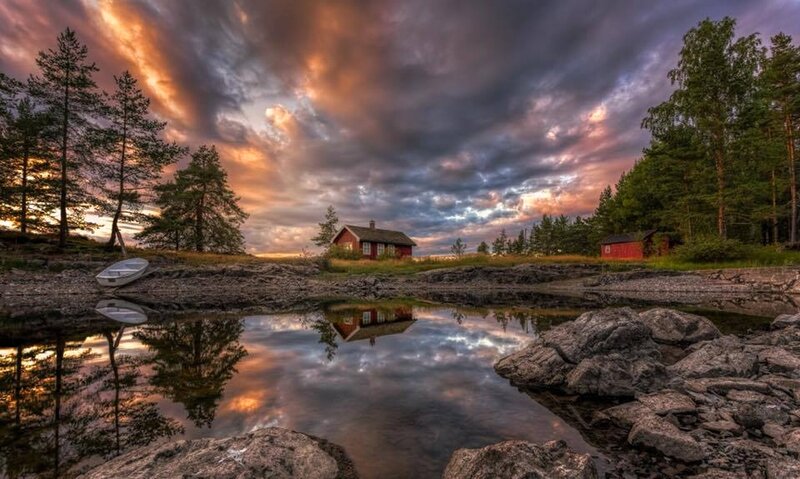 Red Cabin by Lake — Orange, Dramatic
