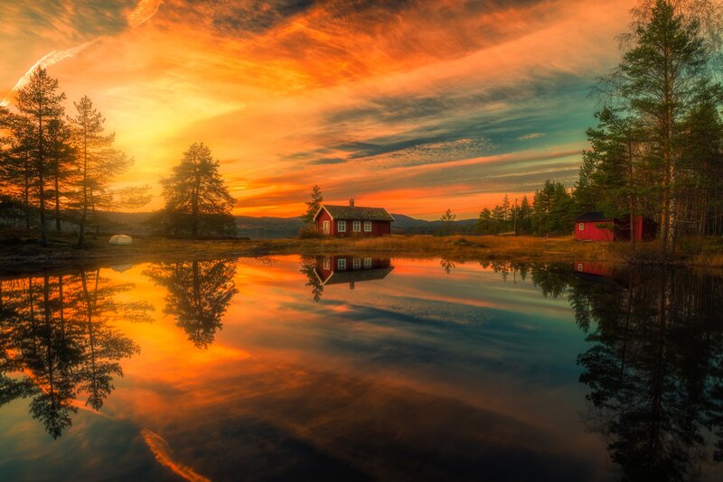 Red Cabin by Lake — Orange, Serene