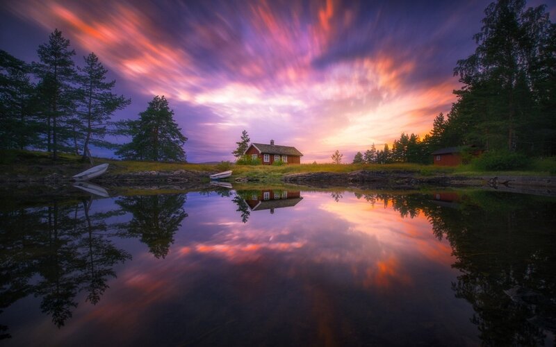 Red Cabin by Lake — Purple, Serene, Sunset