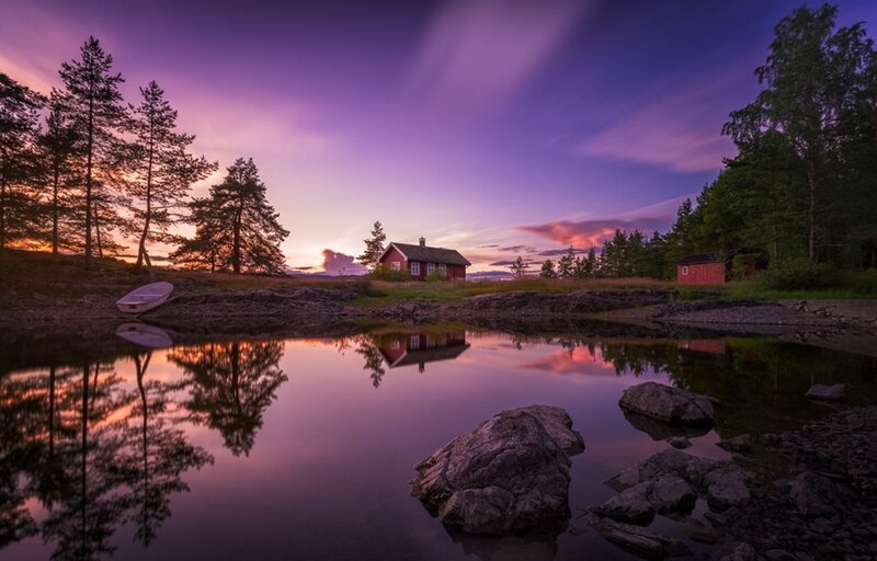Red Cabin by Lake — Purple, Serene