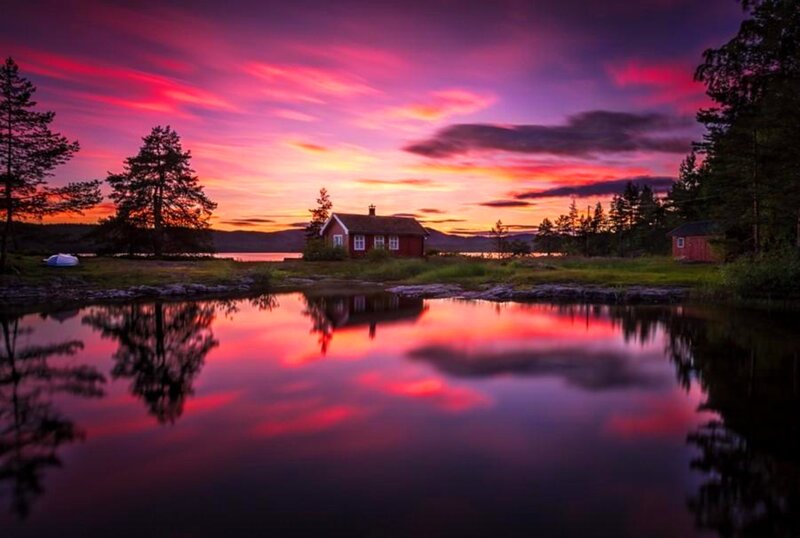 Red Cabin by Lake — Purple