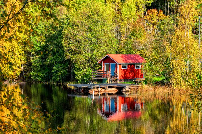 Red Cabin by Lake — Serene, Autumn