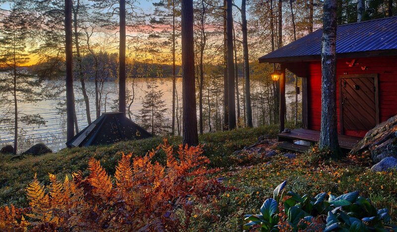 Red Cabin by Lake — Serene, Sunset, Photograph