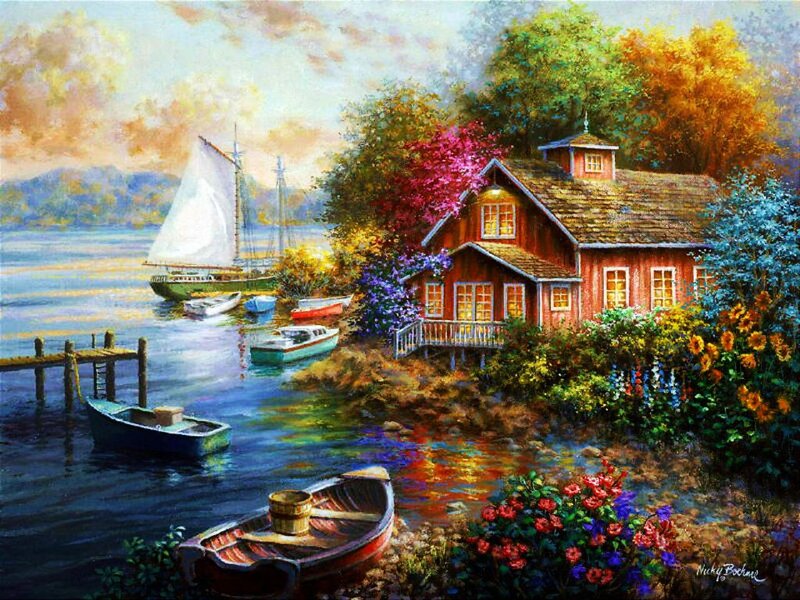 Red Cabin by Lake — Serene, Sunset