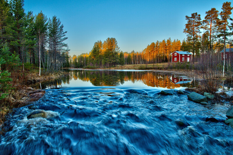 Red Cabin by River — Blue, Serene, Sunset