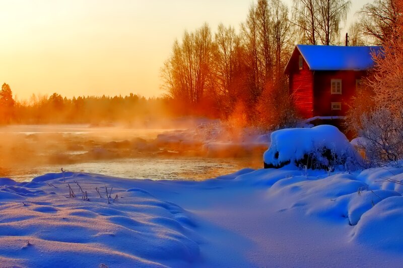 Red Cabin by River — Blue, Serene