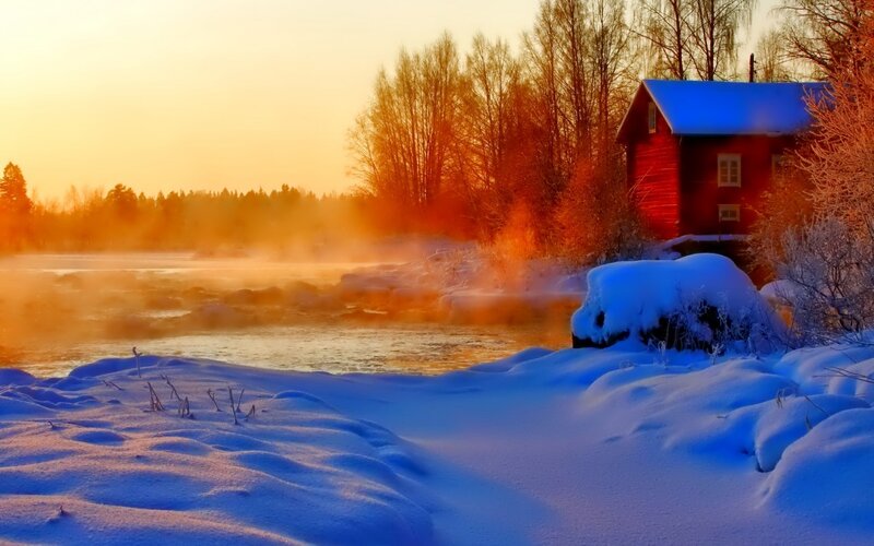 Red Cabin by River — Blue, Serene, Winter, Photograph