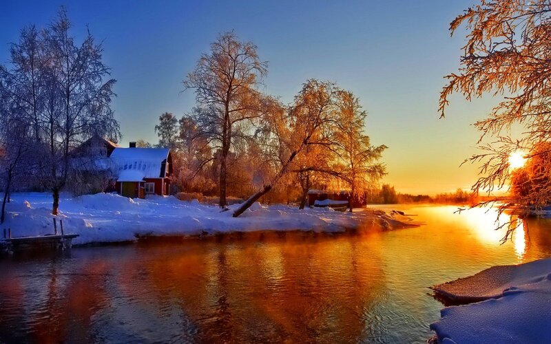 Red Cabin by River — Blue, Serene, Winter