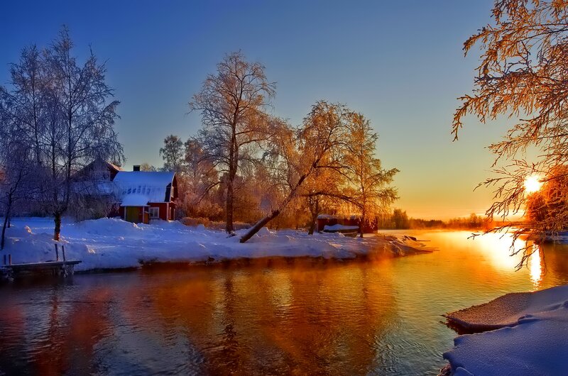 Red Cabin by River — Blue