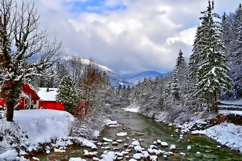 Red Cabin by River — White