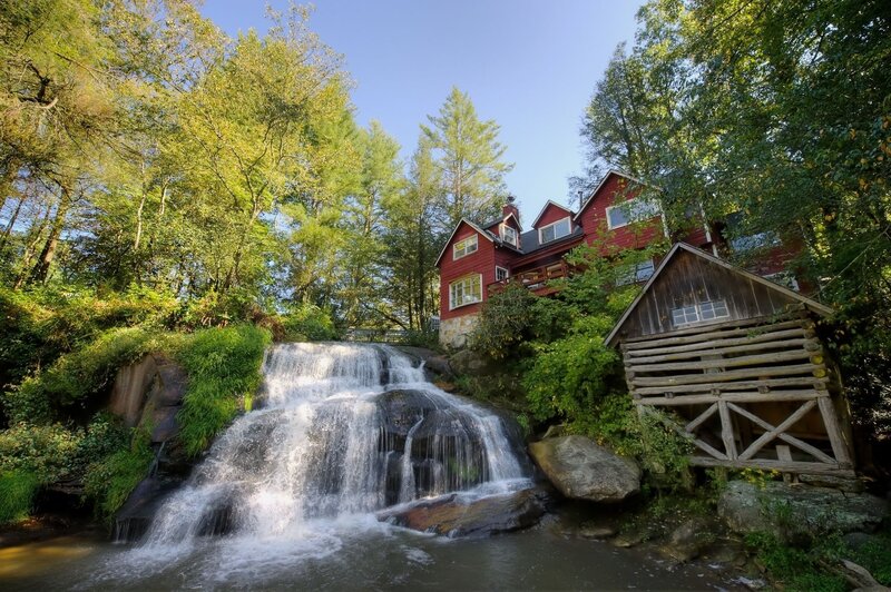 Red Cabin by Waterfall — Serene, Afternoon