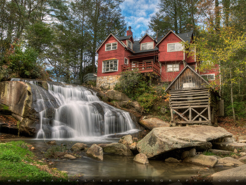 Red Cabin by Waterfall — Serene