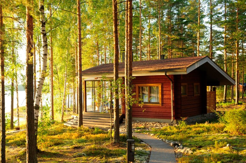 Red Cabin in Forest — Brown