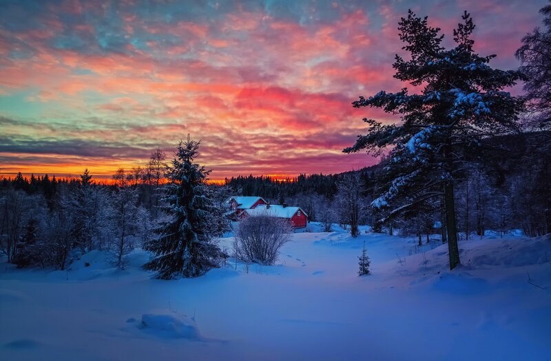 Red Cabin in Snow — Blue, Dramatic