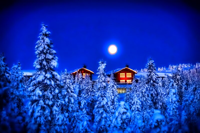 Red Cabin in Snow — Blue, Serene, Night