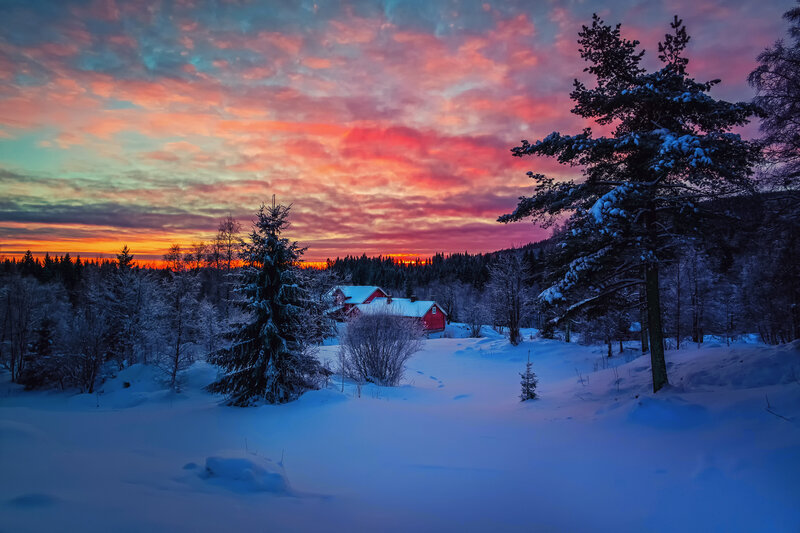 Red Cabin in Snow — Blue, Serene
