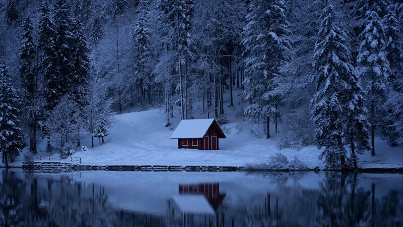 Red Cabin in Snow — Blue, Serene, Winter, Photograph, Lake