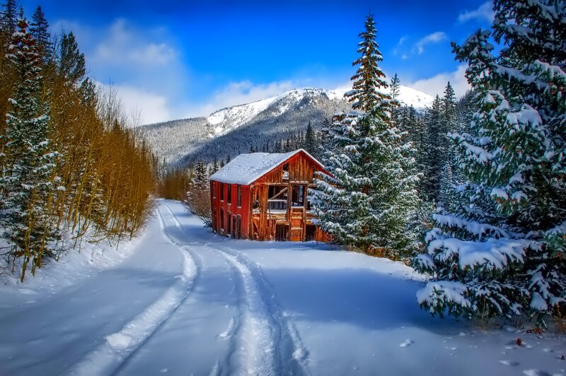 Red Cabin in Snow — Blue, Serene, Winter