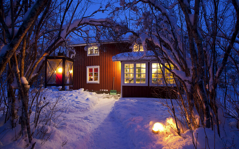 Red Cabin in Snow — Cozy, Night