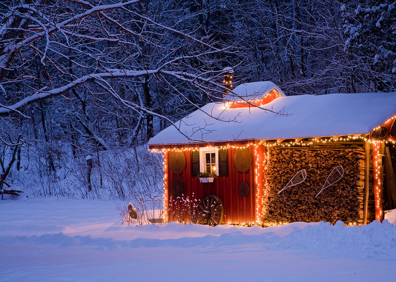 Red Cabin in Snow — Cozy