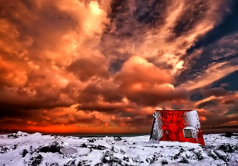 Red Cabin in Snow — Dramatic, Sunset, Photograph