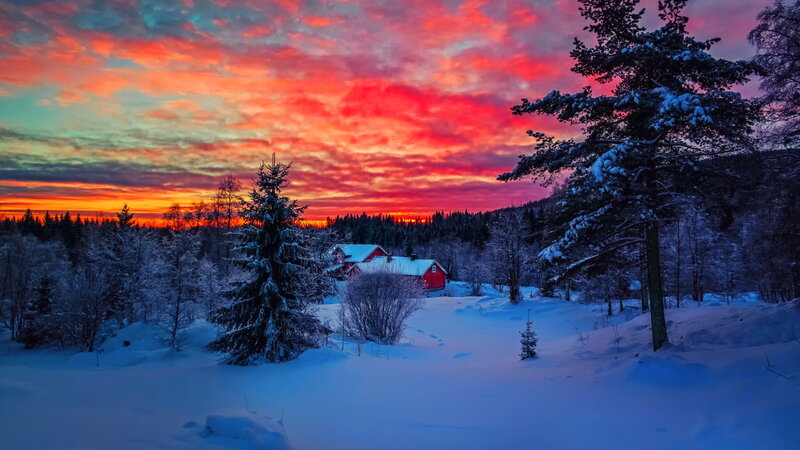 Red Cabin in Snow — Dramatic, Sunset
