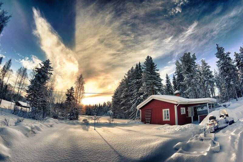 Red Cabin in Snow — Dramatic