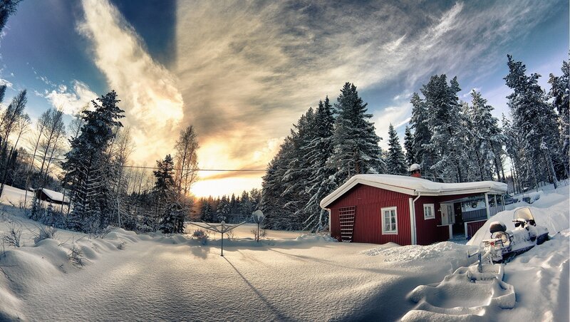 Red Cabin in Snow — Dramatic, Winter