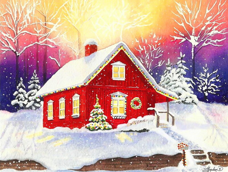 Red Cabin in Snow — Festive, Winter, Painting